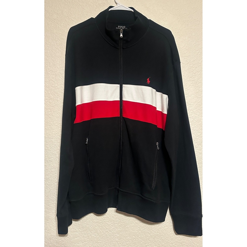 Polo Ralph Lauren Mens XL Full Zip Track Jacket Black Red White Stripe Pony Logo